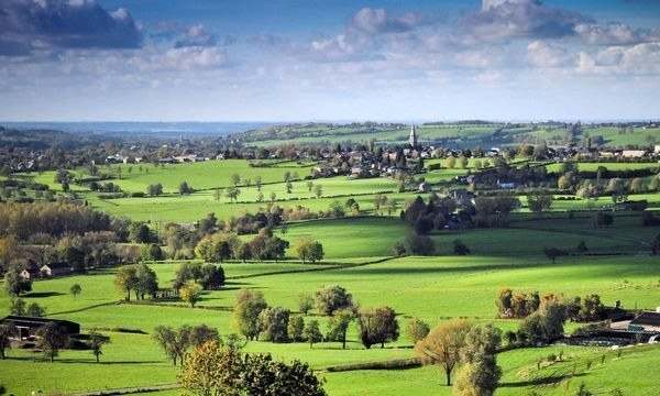 Le bocage du Pays de Herve : prairies, haies et village au loin