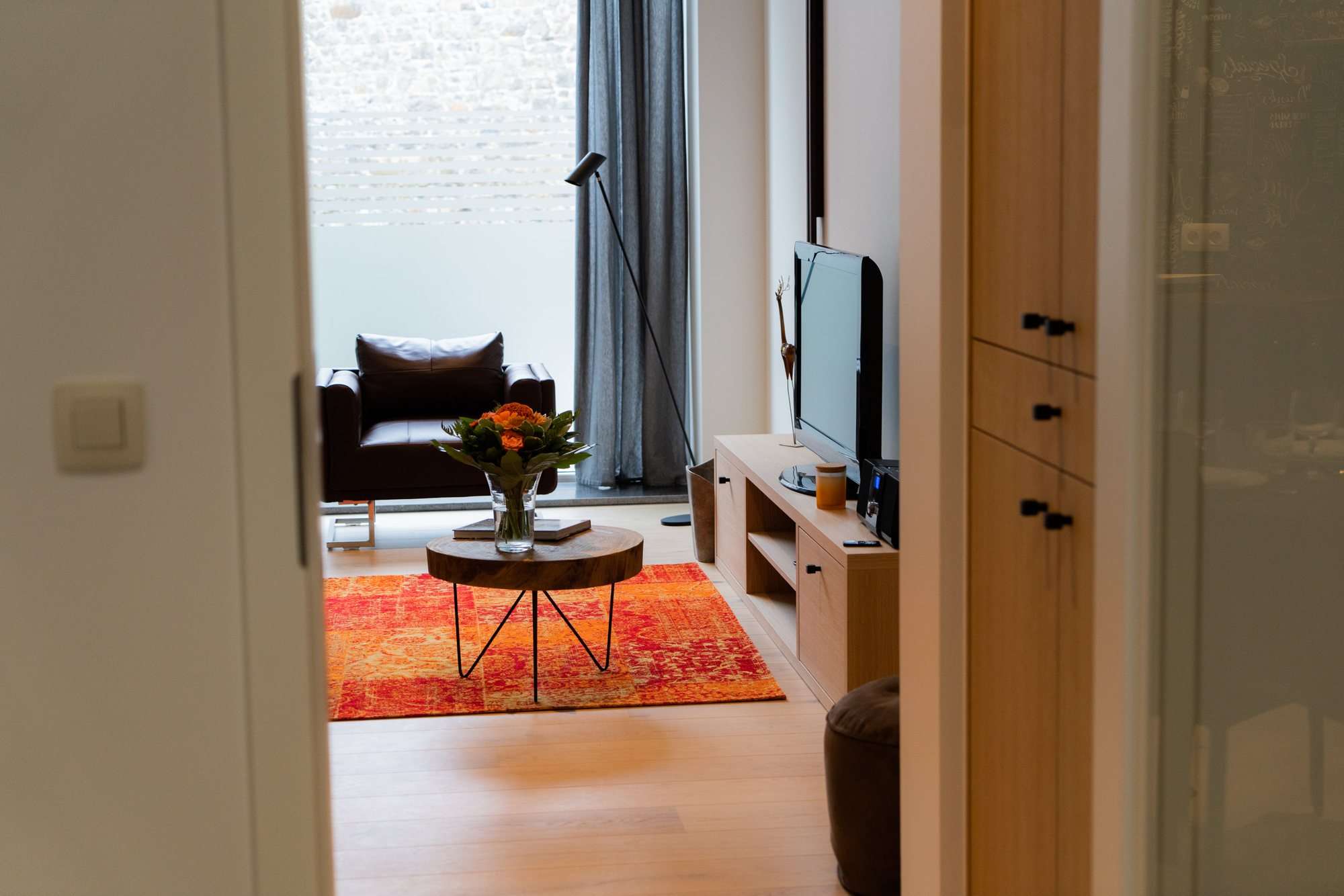 Le salon vu depuis la porte d'entrée : fauteuil en cuir, tapis et grande baie